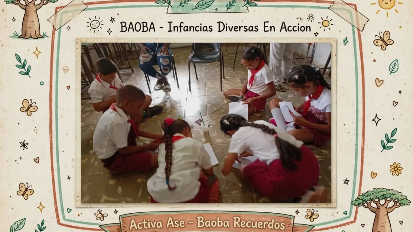 Niñas y niños con uniforme escolar sentados en círculo en el suelo del aula, trabajando con hojas de papel.