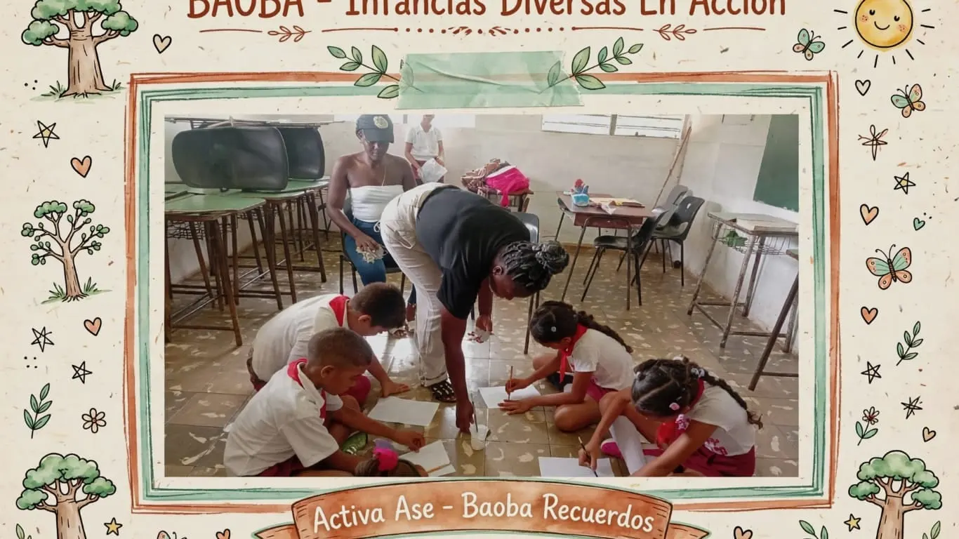 Una educadora inclinada reparte materiales entre cuatro niñas y niños que dibujan tumbados en el suelo del aula.
