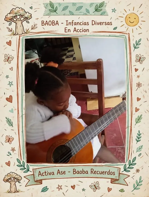 Una niña abraza una guitarra apoyada en una silla y recuesta la cabeza sobre la caja.