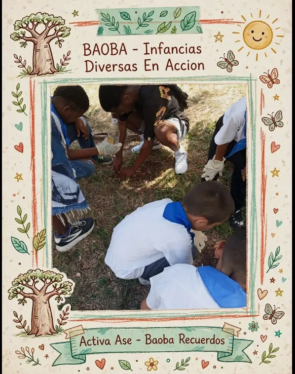Varias niñas y niños agachados en el césped, con guantes de trabajo, sembrando una planta pequeña.